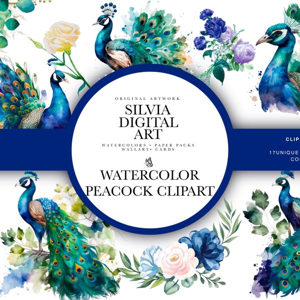 Watercolor Peacocks Clipart, aquarelle fantasy peacock clip art PNG graphics instant download, commercial use