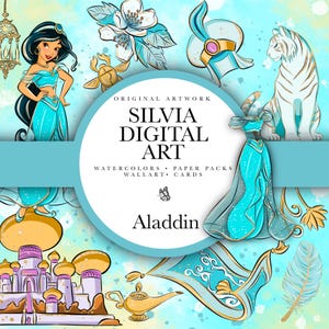 Jasmijn clipart, Arabische prinses PNG, tijger, aap, kasteel, hand getrokken, schattige glitter kinderkunst, decoratie, aquarel stof, POD