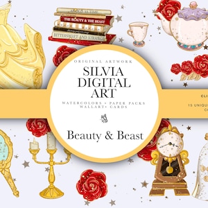 Clipart La bella e la bestia, Belle PNG, Bestia PNG, Castello, Clip art principessa, Disegnato a mano, Carino, Bambini, Decorazione, Tessuto acquerello POD