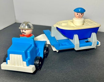 Fisher Price Little People Boat Rig Set Play Family Truck Fleet Complete 2 Men Blue Boat Truck Plastic Vintage