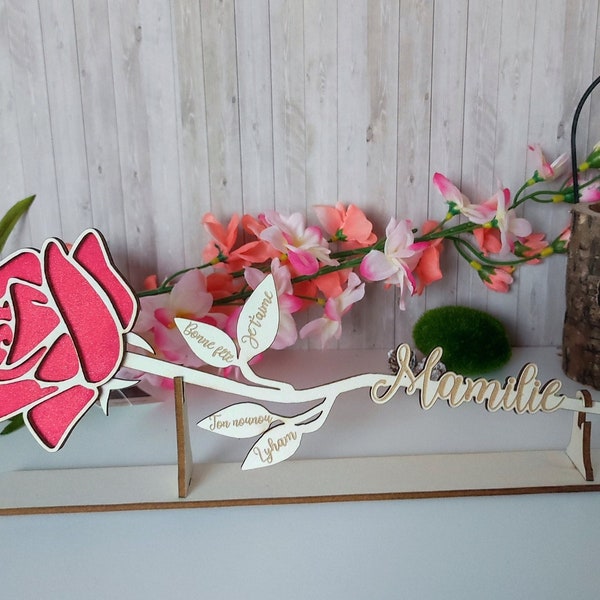 Rose en bois sur support - idée cadeau Noel , Collègue, Nounou, fêtes des mères, mamie, st valentin, maitresse Rose éternelle personnalisé