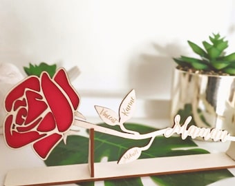 Personalized 27cm Wooden Eternal Rose with Stand - Unique Gift for Grandma, Teacher, Mom, Nanny - Engraving for 9 Names - Premium