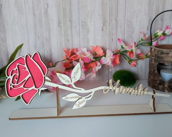 Personalized Wooden Rose with Stand - Unique Gift for Nanny, Grandma, Valentine's Day, Grandmothers/Mothers, up to 8 First Names + Engravable Stem
