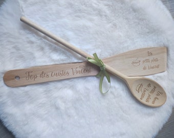 Ustensiles cuillère et spatule en bois gravée personnalisée, Cuisine, n'importe quel texte ou logo peut être gravé sur le manche et la tête