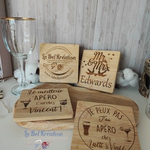 Sous-verres en bois bambou personnalisés et personnalisable, Idée cadeau amis, Anniversaire de | Crémaillère | Evénement personnalisé