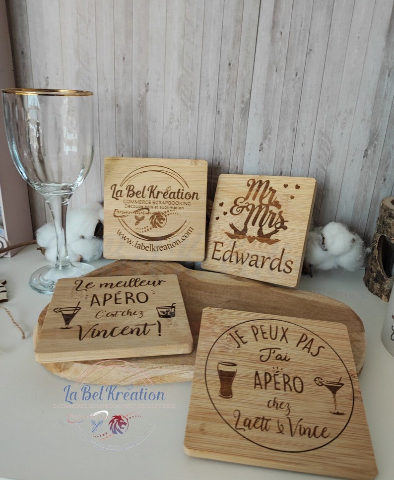 Personalized and customizable bamboo wooden coasters, Friends gift idea, Birthday Housewarming Personalized event image 1