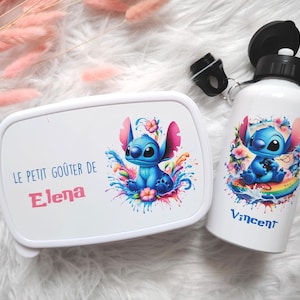 Personalisierte Wasserflasche - Personalisierte Snackbox - Kinder-Snack-Set - Stitch - Essensbox - Schulanfangsset