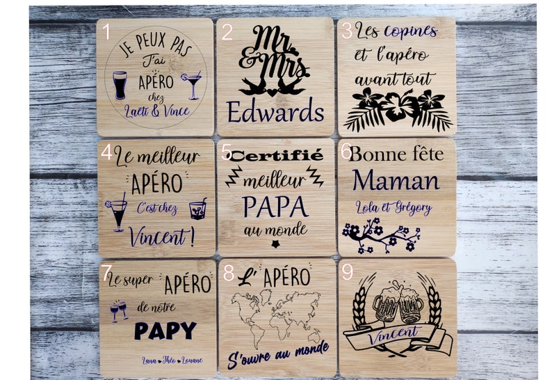 Sous-verres en bois bambou personnalisés et personnalisable, Idée cadeau amis, Anniversaire de Crémaillère Evénement personnalisé image 3