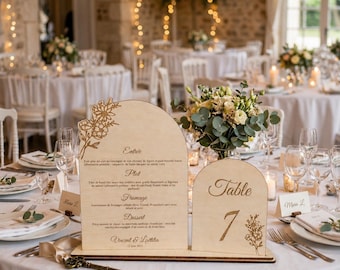 Engraved wooden wedding menu – Matching table number – Elegant and personalized decoration