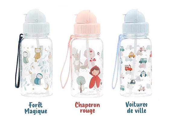 Gourde enfants - Bouteille avec paille et lanière - Gourde voiture, petit chaperon rouge, hiboux, forêt magique