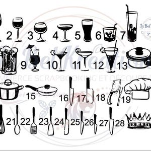 May include: Black and white line art illustrations of various kitchen and bar items, including wine glasses, cocktail glasses, beer mugs, pots, pans, knives, utensils, and a chef's hat. The image also includes the text "La Bel Kreation".