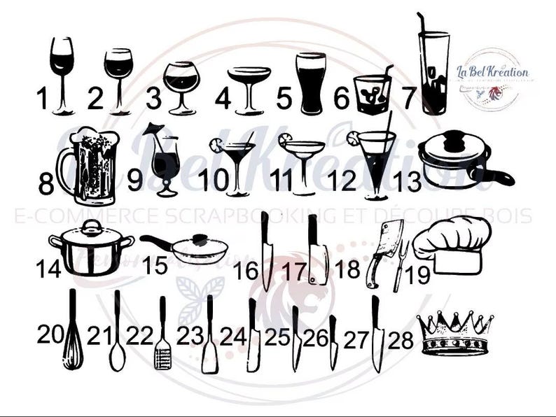 May include: Black and white line art illustrations of various kitchen and bar items, including wine glasses, cocktail glasses, beer mugs, pots, pans, knives, utensils, and a chef's hat. The image also includes the text "La Bel Kreation".
