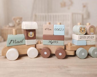 Personalized wooden baby train, Named birth train, Decorative wooden toy, Birth keepsake, Personalized baby gift, Birthday