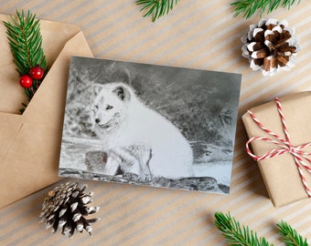 Cartão de Natal da Raposa do Ártico, cartão de 6 x 4 polegadas, arte original, cartões de vida selvagem, cartões de Natal, interior em branco, cartão sazonal