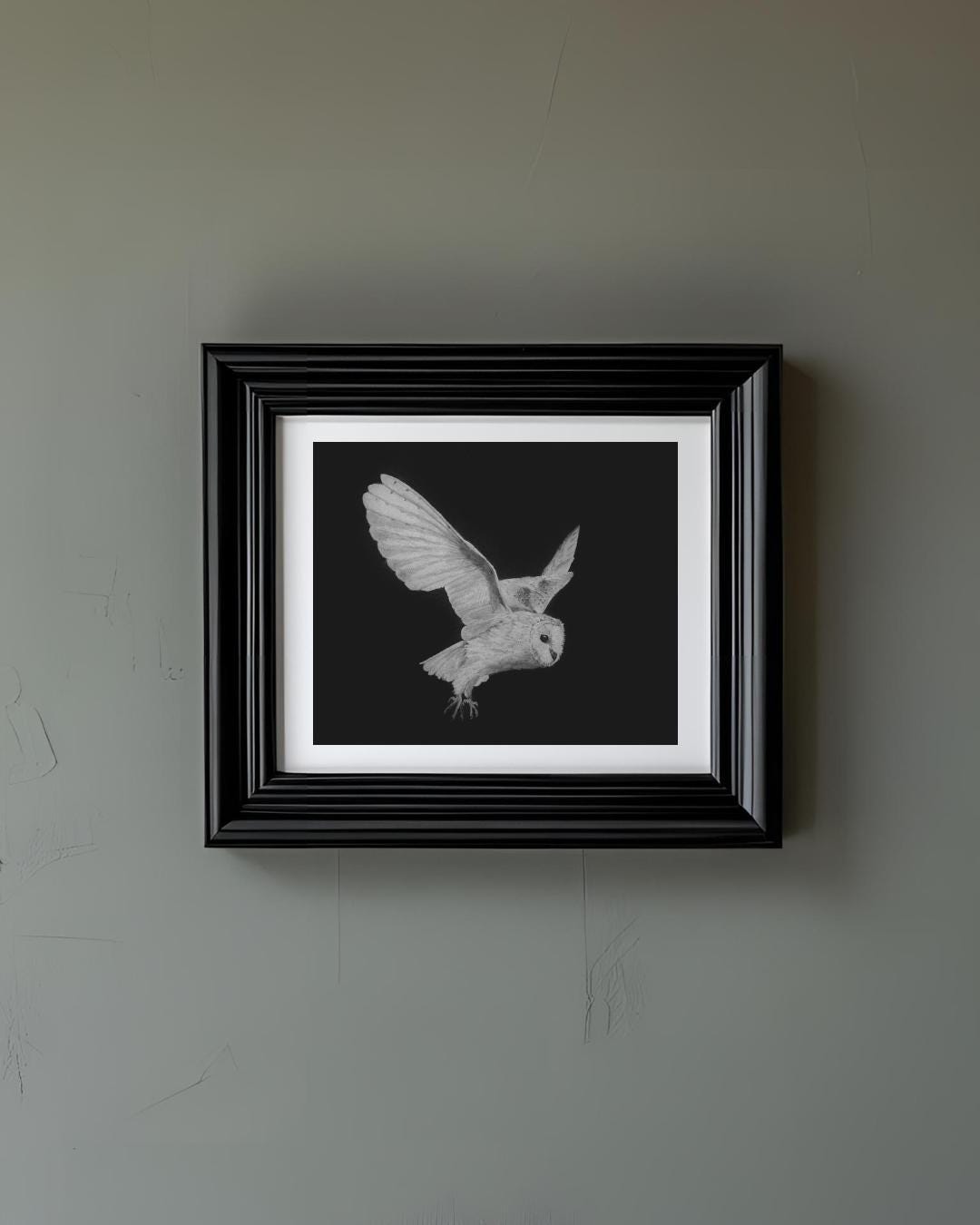 Barn owl drawing, White chalk on black paper, barn owl in moonlight, original monochrome artwork, no