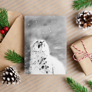 Carte de Noël léopard des neiges, carte de vœux de la faune hivernale, carte de 4 x 6 pouces, intérieur vierge, œuvre d’art originale, carte saisonnière