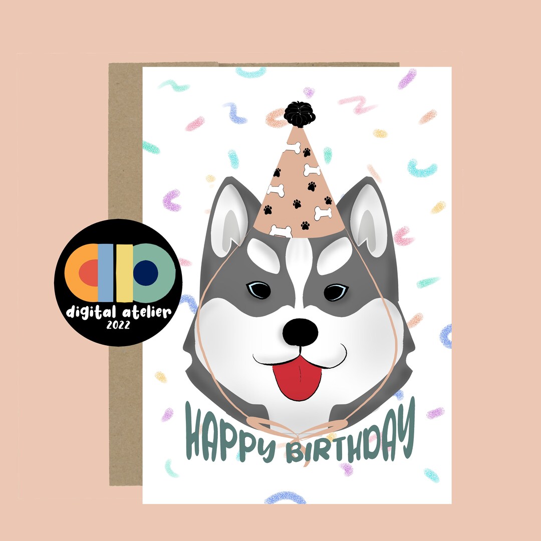 Husky Birthday Card. Printable Birthday Card. Cute Dog Birthday Card.downloadable Birthday Card