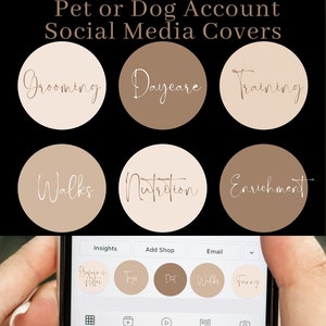 May include: A smartphone screen displaying a social media app with a light brown background. The app has a grid of images of puppies. The top of the screen shows a menu with the words "Insights", "Add Shop", and "Email". Below the menu are six circular icons with the words "Grooming", "Daycare", "Training", "Walks", "Nutrition", and "Enrichment".