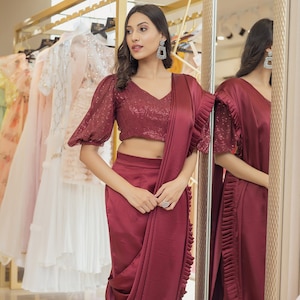 Maroon Satin Lehenga Saree: Sequin Blouse, Pre-Draped