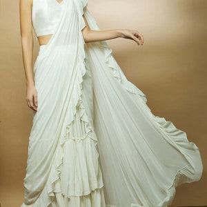 Off White Georgette Pre-Draped Ruffle Saree with Blouse