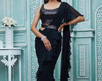 Gorgeous Black Full Sequence Blouse with Draped Ruffle Saree and Sequence Belt - Ideal for Formal Events, Parties, and Special Occasions.
