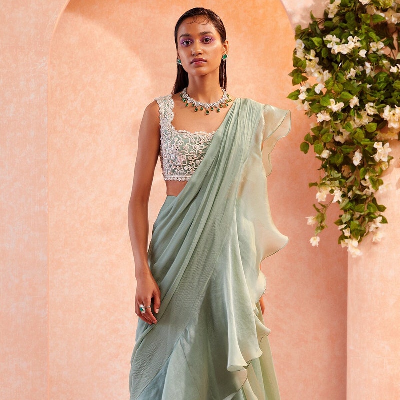 Pastel Blue Ruffle Saree main image 0