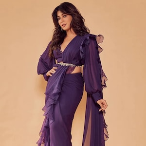 Navy Blue Ruffle Saree: Georgette Bollywood Style Stitched Sari
