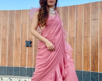 Pink Ruffle Saree, Bollywood Designer, Stitched Cocktail Sari