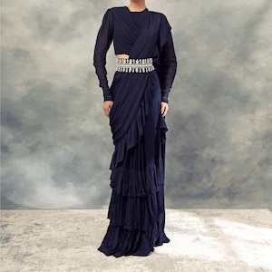 Designer Navy Blue Ruffled Saree with Draped Blouse