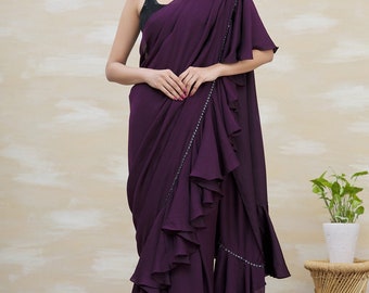 Disha 1940s Style Jeans Purple Ruffle Saree With Black Sequin