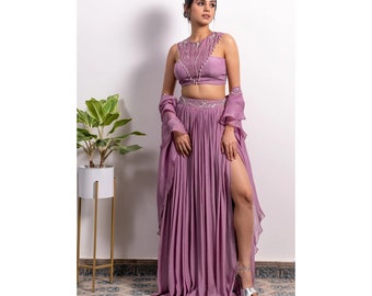 Handwork Lehenga Blouse with Frill Dupatta: High Slit Indian Outfit