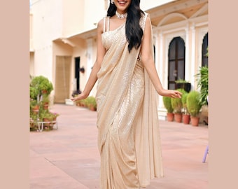 Beige Sequin Ready-to-Wear Saree: Elegant Occasion Wear