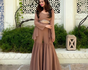 Brown Faux Georgette Sharara Set: Kodi Lace Top & Shrug