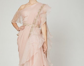 Blush Pink Off-Shoulder Ruffled Saree with Sequin Border