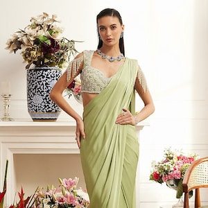 Mitwa Organza Satin Sage Green Saree