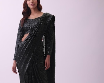 Black Sequin Saree & Blouse: Georgette Crystal Detail Ethnic Ensemble