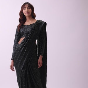 Black Sequin Saree & Blouse: Georgette Crystal Detail Ethnic Ensemble