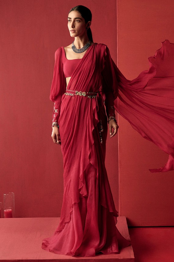 Maroon Georgette Ruffle Saree: Pearl Embellished Sleeveless Top