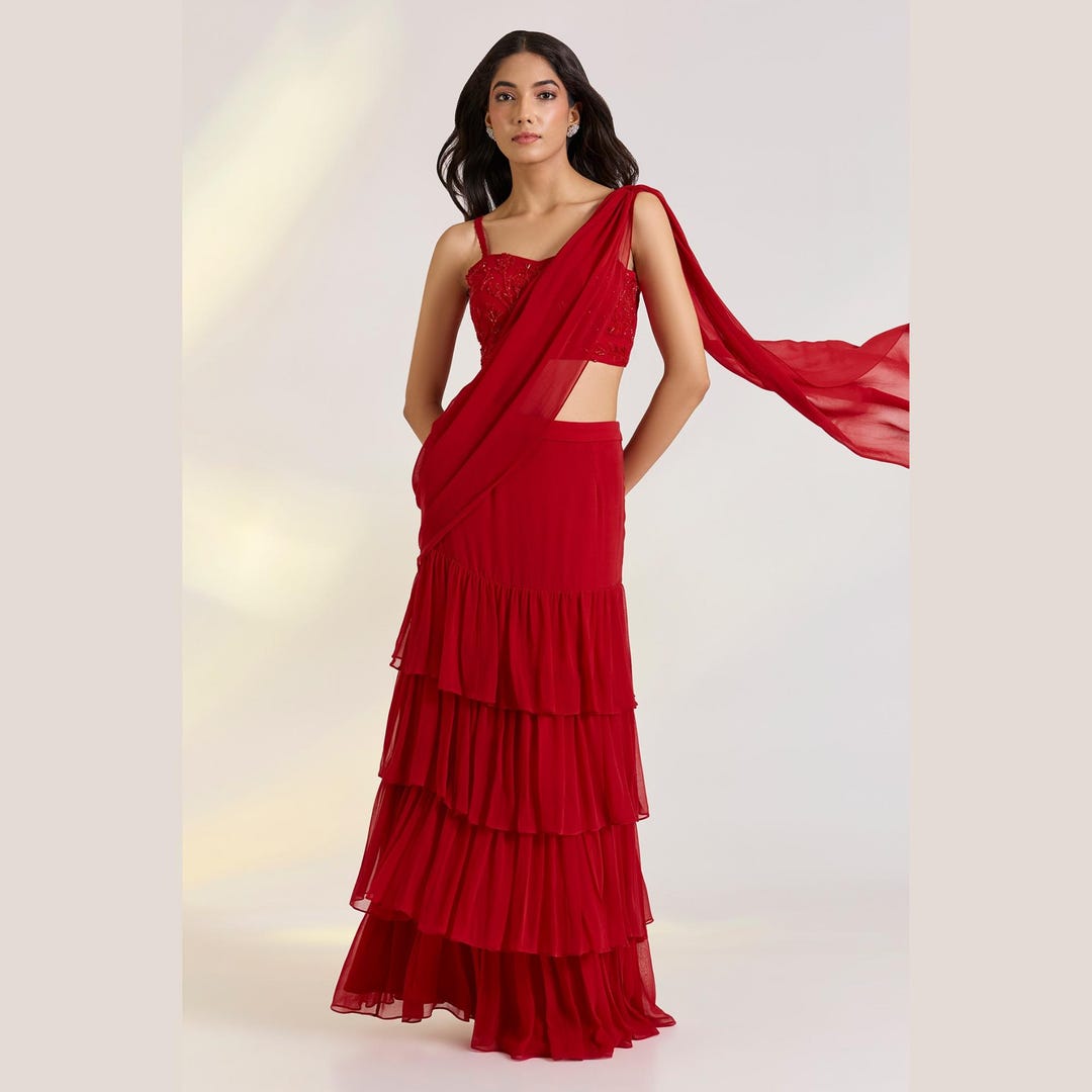 Red Ruffle Saree The Designer Red Ruffled Saree With Hand Embroidery Blouse is Worn at ...