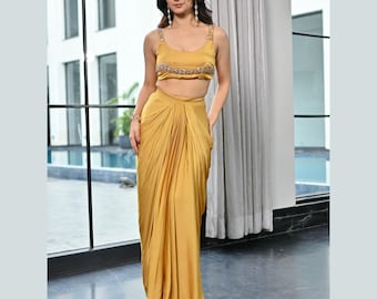 Crystal Couture Silk Drape Saree Set, Pre-Stitched Ready-to-Wear Skirt With Hand Embroidery Blouse, Indo-Western.