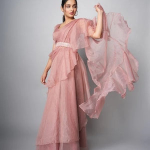 Pink Organza Ruffle Saree: Pre-Draped Wedding Party Dress