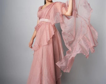 Pink Organza Ruffle Saree: Pre-Draped Wedding Party Dress