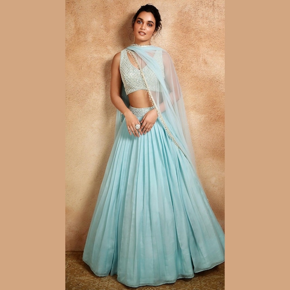 Designer Skyblue Hand Embroidered Lehenga Choli Set | Bridesmaid Outfit | Pastel Wedding Reception Lehenga.
