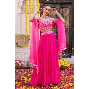 Hot Pink Georgette Lehenga Set: Hand-Embroidered Blouse & Dupatta