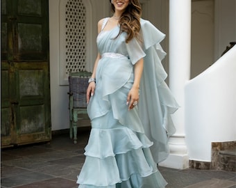 Blue Ruffle Saree: Designer Embroidered Organza Indo-Western Gown