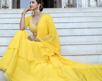 Sari in georgette giallo: Sari festivo Gota Patti con camicetta