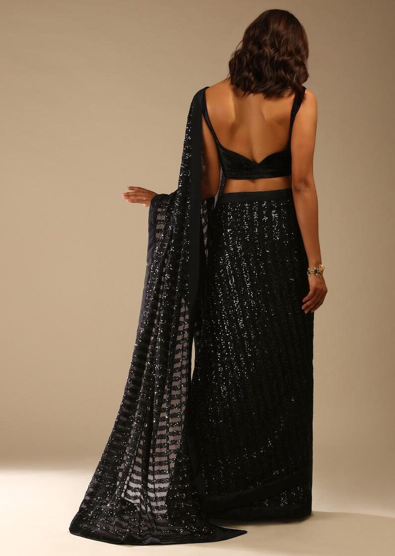 Black Pre-stitched Saree With Sequins And Sleeveless Velvet Blouse With A Front Cut Out Wear On Wedding, Engagement, Party, and Sangeet. image 3