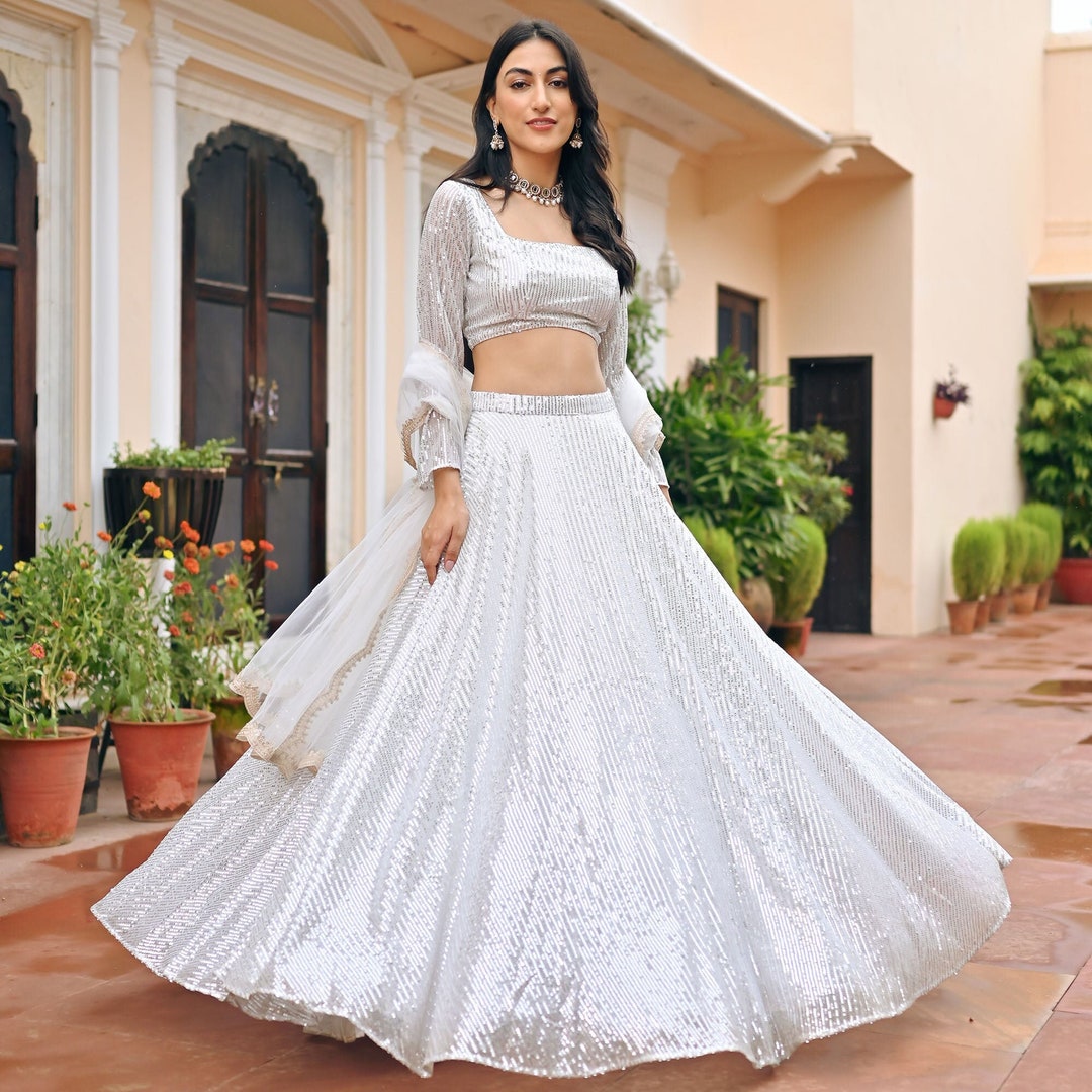 White Sequin Lehenga Set: Traditional Indian Wedding Outfit