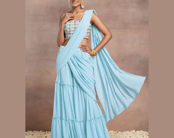 Light Blue Pre-Stitched Saree Set: Sequin Hand-Embroidered Blouse