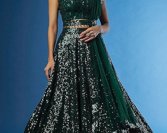 Green Lehenga with Sequence Embroidery: Wedding Outfit